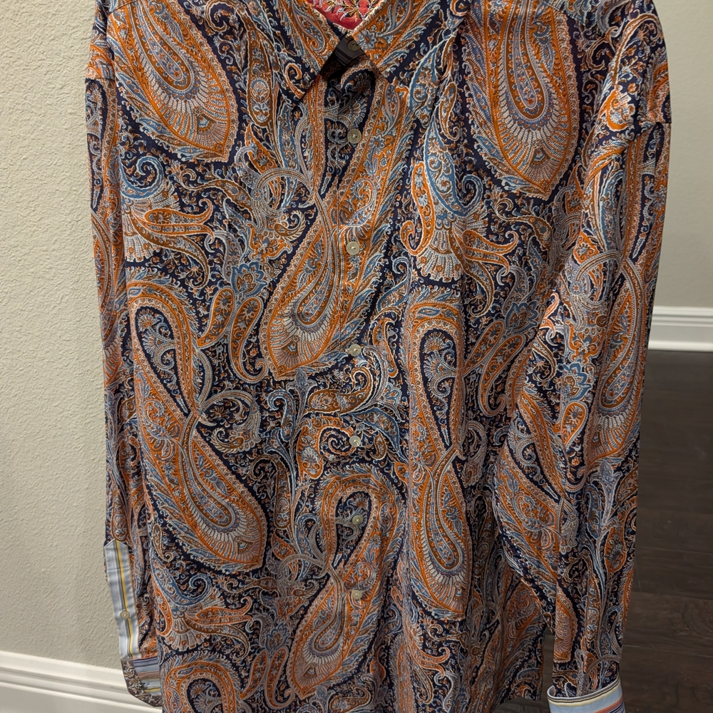 Robert Graham Lightweight Orange and Blue Paisley Shirt With French Cuffs